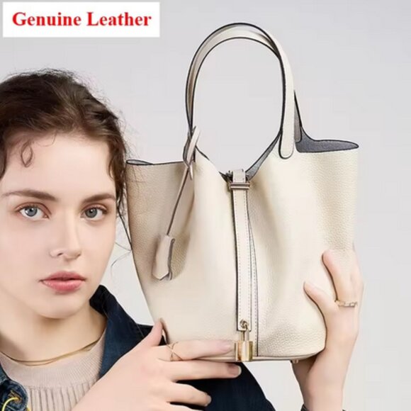 Elegant Genuine Leather Bucket Bag with Lock — 5 Colors Available - Picture 8 of 16